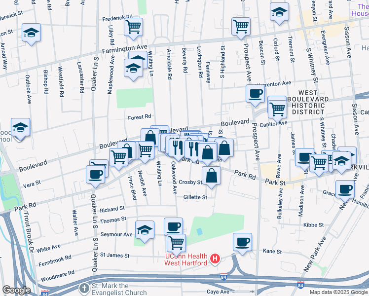 map of restaurants, bars, coffee shops, grocery stores, and more near 117 Beverly Road in West Hartford