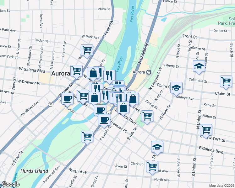 map of restaurants, bars, coffee shops, grocery stores, and more near 36 East New York Street in Aurora