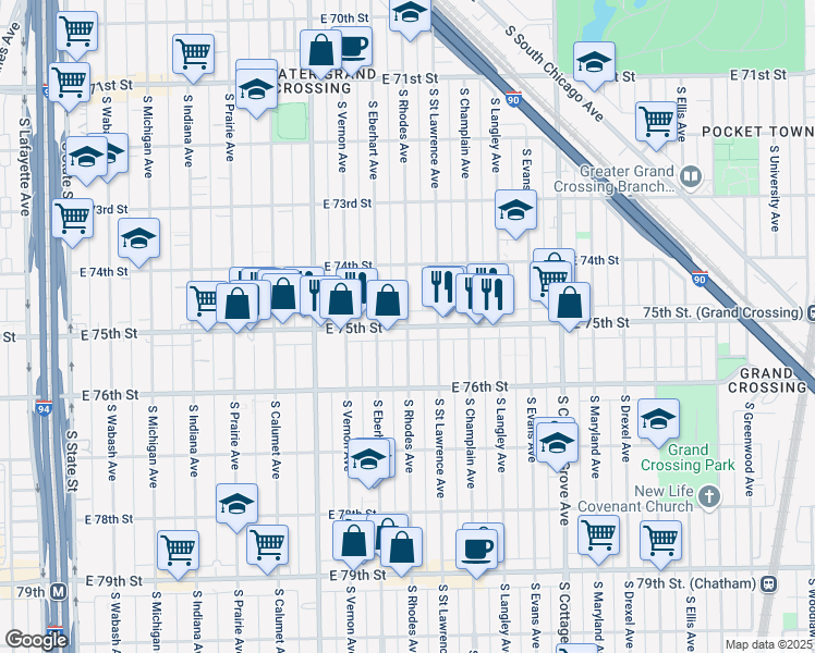 map of restaurants, bars, coffee shops, grocery stores, and more near East 75th Street & South Rhodes Avenue in Chicago