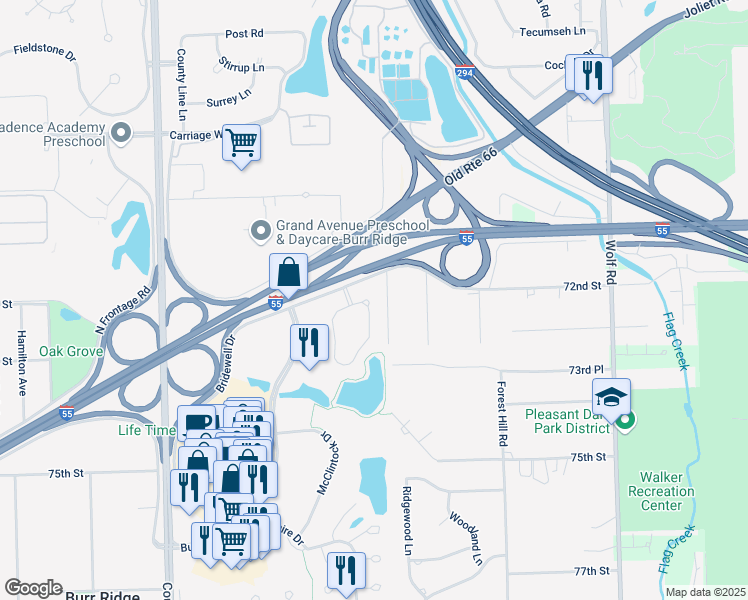map of restaurants, bars, coffee shops, grocery stores, and more near 7229 Lakeside Circle in Burr Ridge