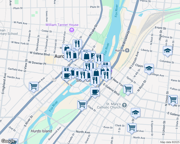 map of restaurants, bars, coffee shops, grocery stores, and more near 2 North Stolp Avenue in Aurora
