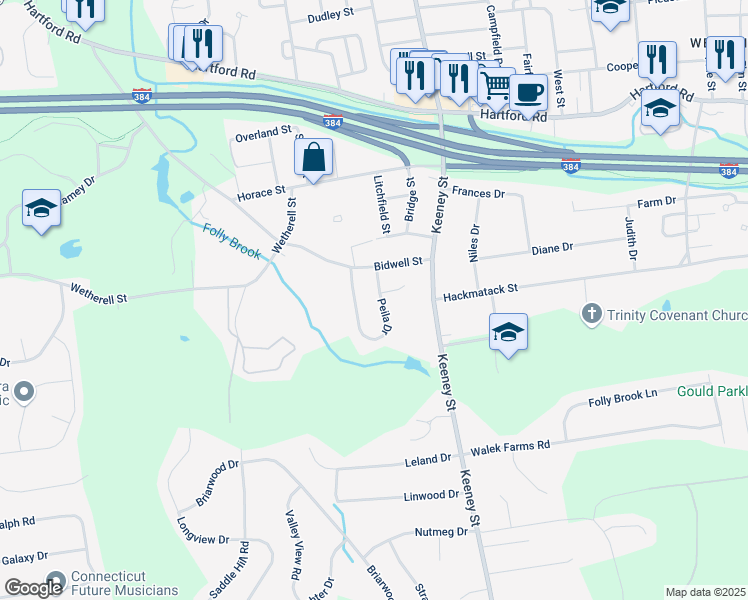 map of restaurants, bars, coffee shops, grocery stores, and more near 28 Peila Drive in Manchester