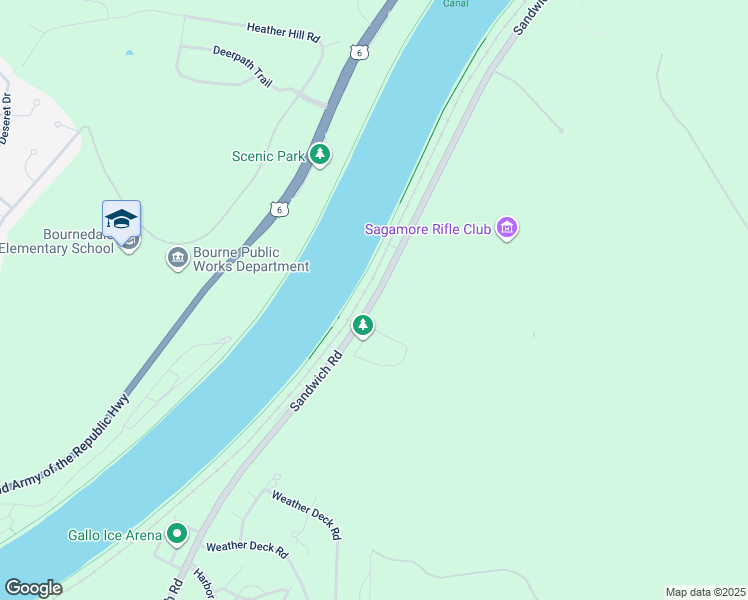 map of restaurants, bars, coffee shops, grocery stores, and more near Sandwich Road in Bourne