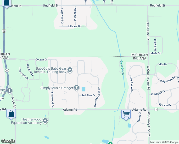 map of restaurants, bars, coffee shops, grocery stores, and more near 50645 Pine Row Court in Granger