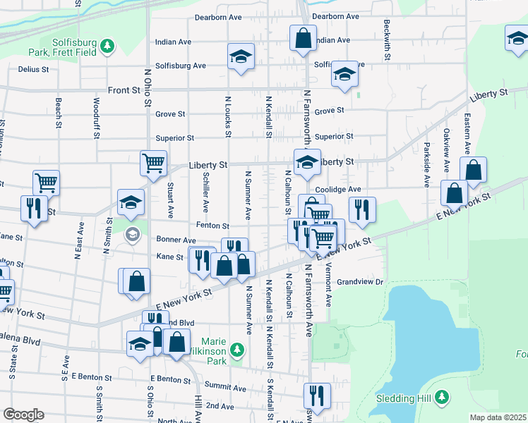 map of restaurants, bars, coffee shops, grocery stores, and more near 214 North Kendall Street in Aurora