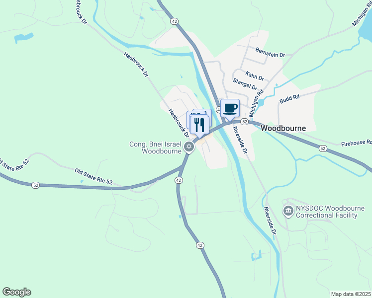 map of restaurants, bars, coffee shops, grocery stores, and more near 458 New York 52 in Woodbourne