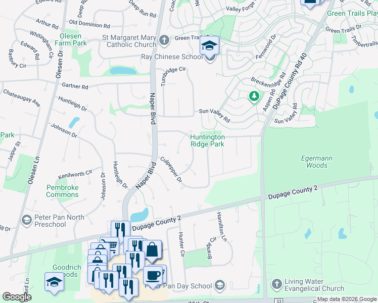 map of restaurants, bars, coffee shops, grocery stores, and more near 1077 Collingwood Drive in Naperville