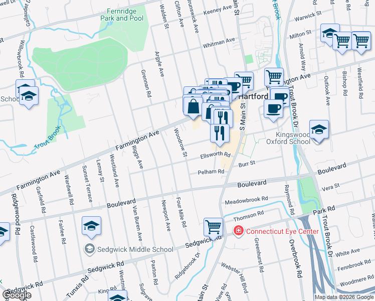 map of restaurants, bars, coffee shops, grocery stores, and more near 52 Woodrow Street in West Hartford