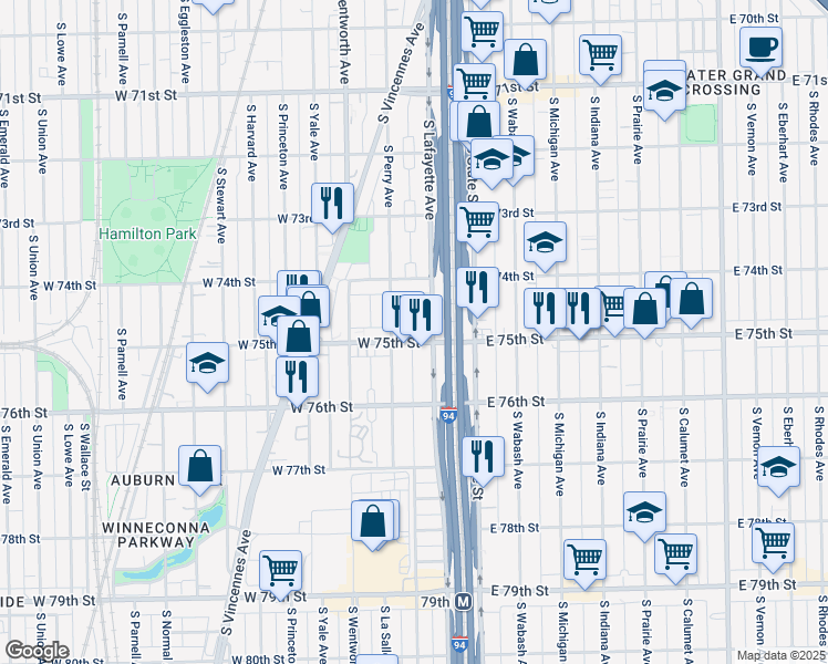 map of restaurants, bars, coffee shops, grocery stores, and more near 58 West 75th Street in Chicago