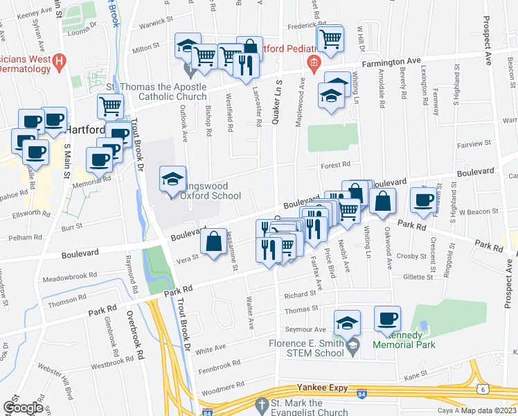 map of restaurants, bars, coffee shops, grocery stores, and more near 1358 Boulevard in West Hartford