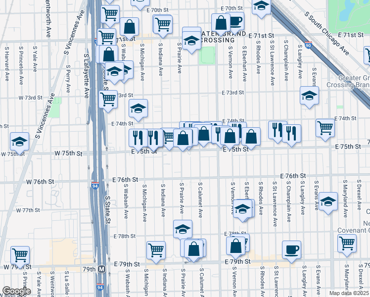 map of restaurants, bars, coffee shops, grocery stores, and more near 304 East 75th Street in Chicago