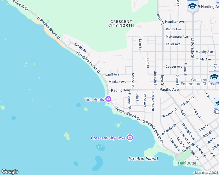 map of restaurants, bars, coffee shops, grocery stores, and more near 1650 Pacific Ave in Crescent City