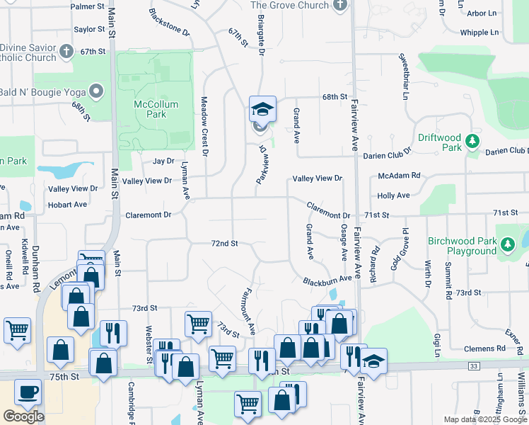 map of restaurants, bars, coffee shops, grocery stores, and more near 612 Ridgeview Street in Downers Grove