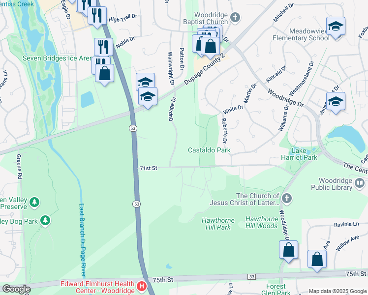 map of restaurants, bars, coffee shops, grocery stores, and more near 7037 Du Page Drive in Woodridge