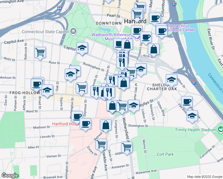 map of restaurants, bars, coffee shops, grocery stores, and more near 44 John St in Hartford