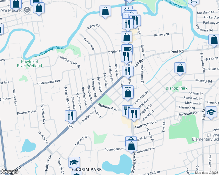 map of restaurants, bars, coffee shops, grocery stores, and more near 545 U.S. 1A in Warwick