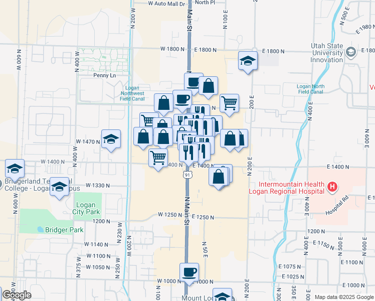 map of restaurants, bars, coffee shops, grocery stores, and more near 1458 North Main Street in Logan