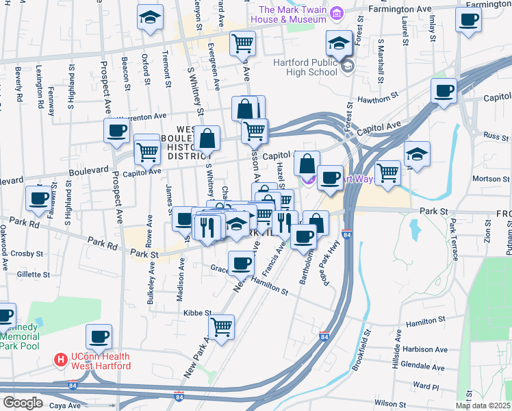 map of restaurants, bars, coffee shops, grocery stores, and more near 35 Sisson Avenue in Hartford