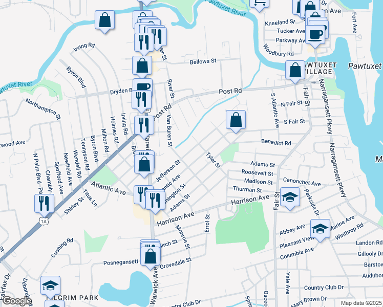 map of restaurants, bars, coffee shops, grocery stores, and more near 119 Jefferson Street in Warwick