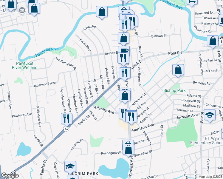 map of restaurants, bars, coffee shops, grocery stores, and more near 545 U.S. 1A in Warwick