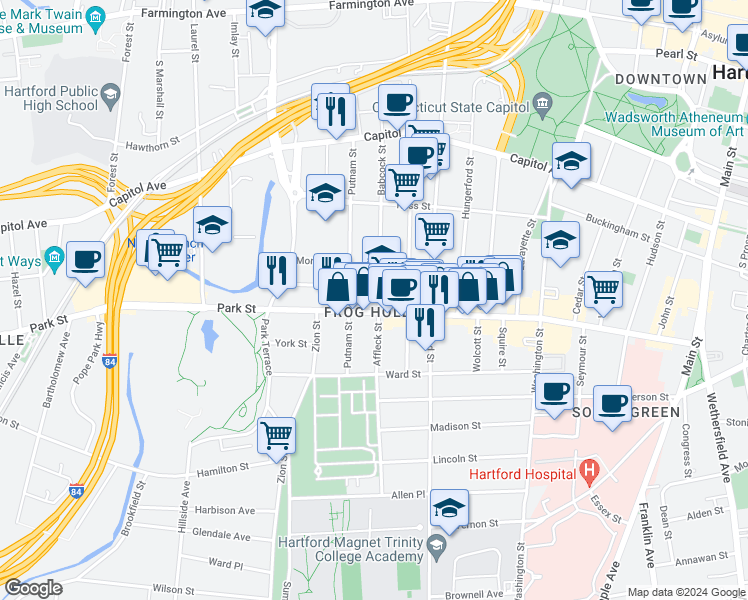 map of restaurants, bars, coffee shops, grocery stores, and more near in Hartford