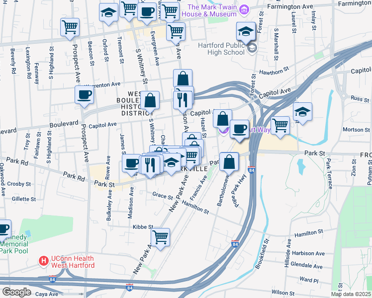 map of restaurants, bars, coffee shops, grocery stores, and more near 35 Sisson Avenue in Hartford