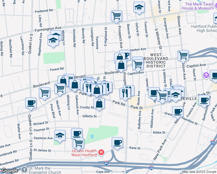 map of restaurants, bars, coffee shops, grocery stores, and more near 45 Lockwood Terrace in West Hartford