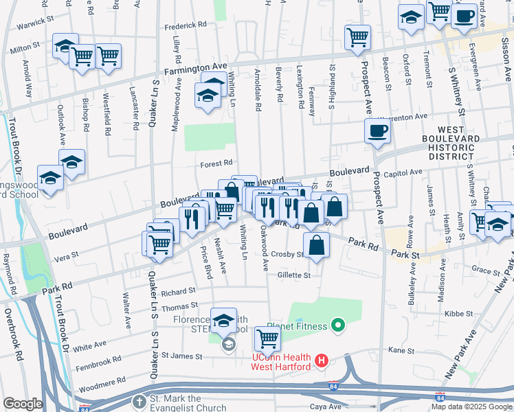 map of restaurants, bars, coffee shops, grocery stores, and more near 193 Arnoldale Road in West Hartford