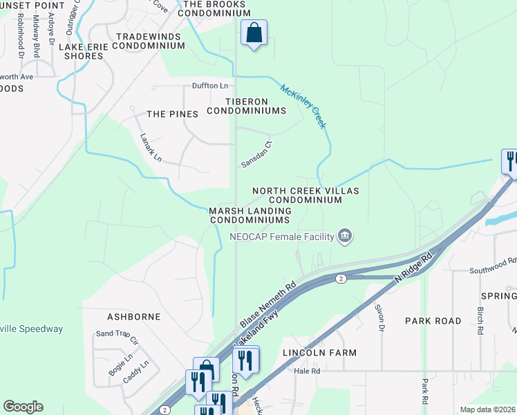 map of restaurants, bars, coffee shops, grocery stores, and more near 2049 Marsh Lane in Painesville