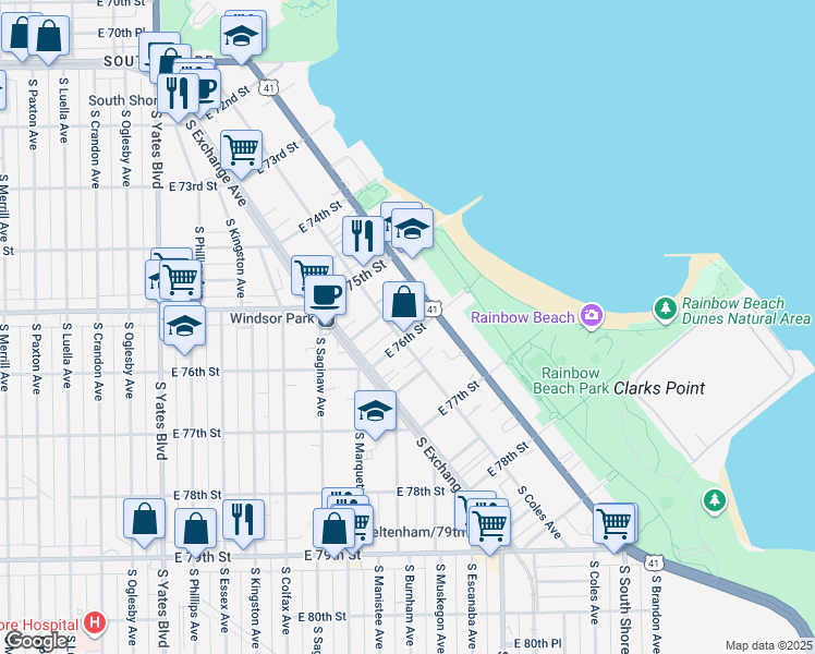 map of restaurants, bars, coffee shops, grocery stores, and more near 2812 East 76th Street in Chicago