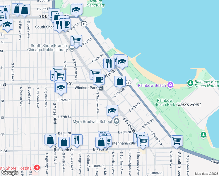 map of restaurants, bars, coffee shops, grocery stores, and more near 2725 East 75th Place in Chicago
