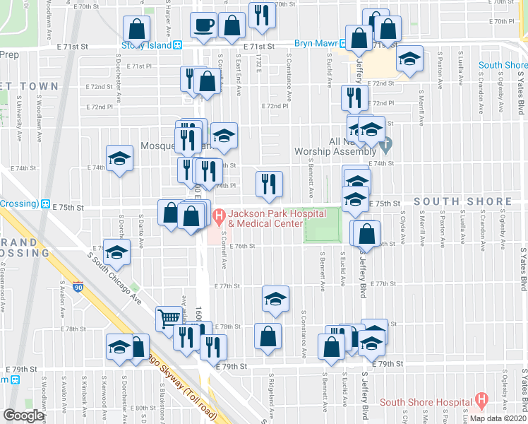 map of restaurants, bars, coffee shops, grocery stores, and more near 1735 East 75th Street in Chicago