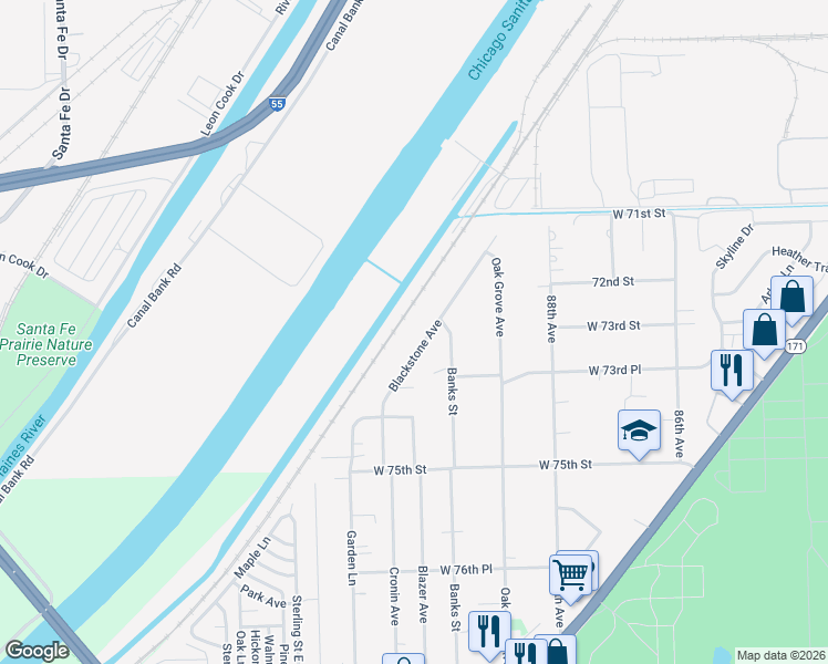 map of restaurants, bars, coffee shops, grocery stores, and more near 7322 Blackstone Avenue in Justice
