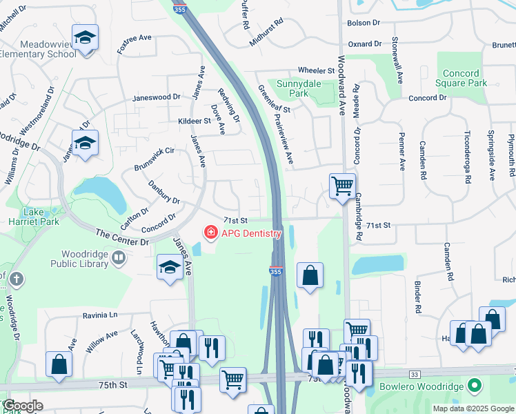 map of restaurants, bars, coffee shops, grocery stores, and more near 7060 Newport Drive in Woodridge