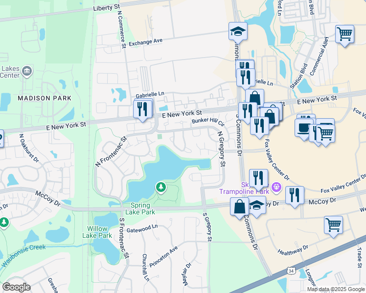 map of restaurants, bars, coffee shops, grocery stores, and more near 377 Springlake Lane in Aurora