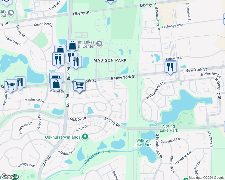 map of restaurants, bars, coffee shops, grocery stores, and more near 325 North Oakhurst Drive in Aurora