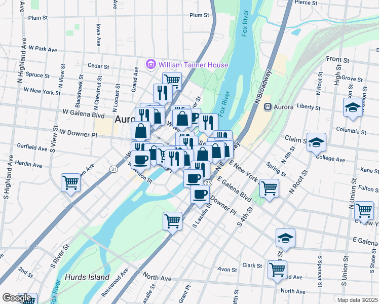 map of restaurants, bars, coffee shops, grocery stores, and more near 9 West Galena Boulevard in Aurora