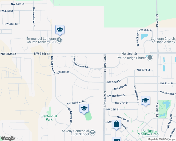 map of restaurants, bars, coffee shops, grocery stores, and more near 1735 NW Fieldstream Ln in Ankeny