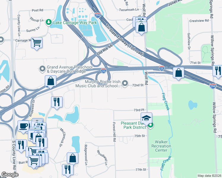 map of restaurants, bars, coffee shops, grocery stores, and more near 7201 Central Avenue in Burr Ridge
