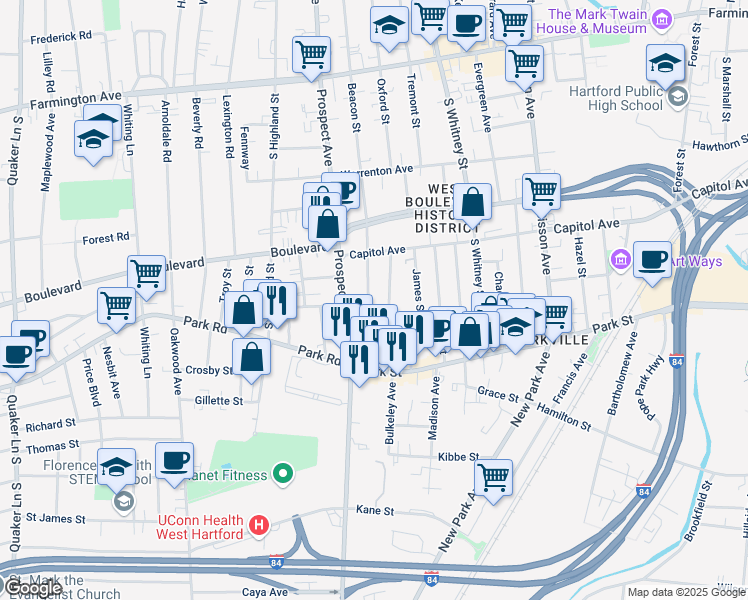 map of restaurants, bars, coffee shops, grocery stores, and more near 24 Beacon Street in Hartford