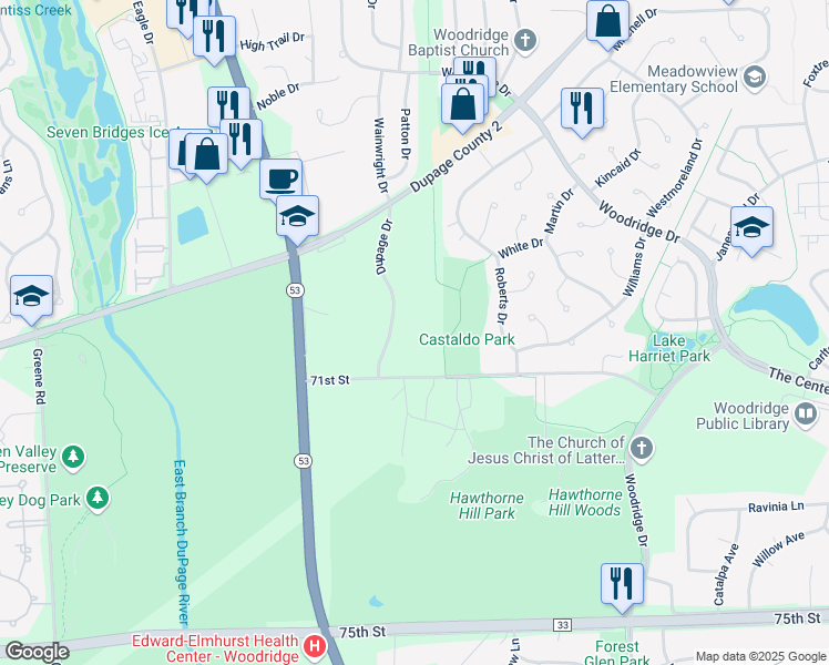 map of restaurants, bars, coffee shops, grocery stores, and more near 7037 Du Page Drive in Woodridge