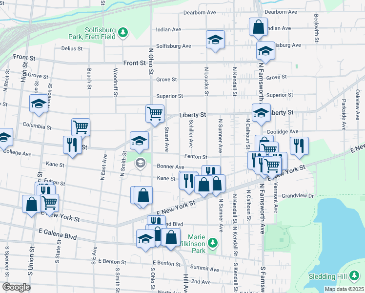 map of restaurants, bars, coffee shops, grocery stores, and more near 215 Trask Street in Aurora