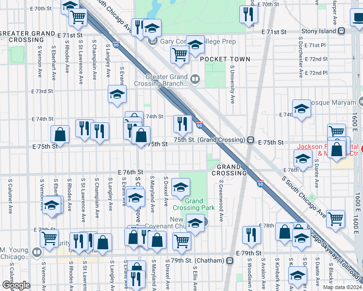 map of restaurants, bars, coffee shops, grocery stores, and more near 931 East 75th Street in Chicago