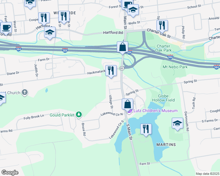 map of restaurants, bars, coffee shops, grocery stores, and more near 33 Sunset Street in Manchester