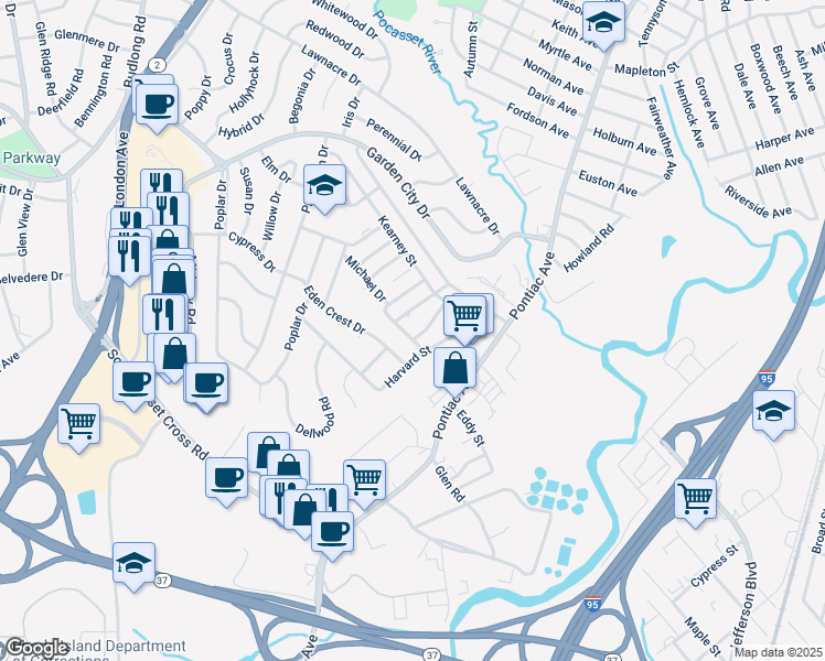 map of restaurants, bars, coffee shops, grocery stores, and more near 100 Michael Dr in Cranston