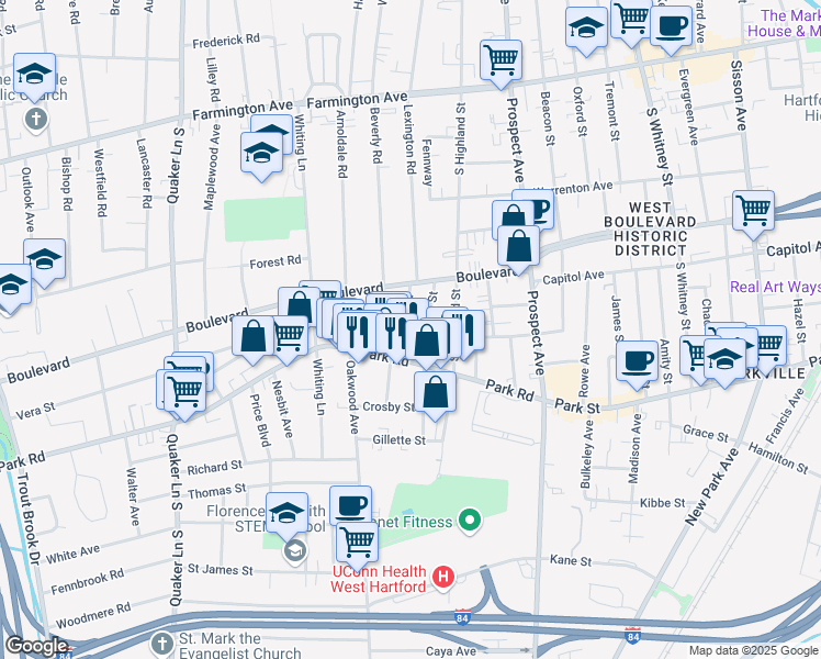map of restaurants, bars, coffee shops, grocery stores, and more near 24 Troy Street in West Hartford