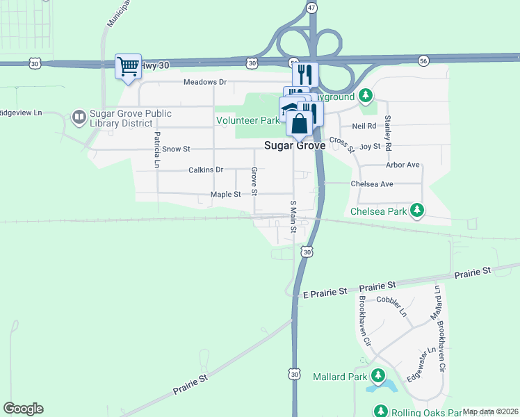 map of restaurants, bars, coffee shops, grocery stores, and more near 234 Grove Street in Sugar Grove