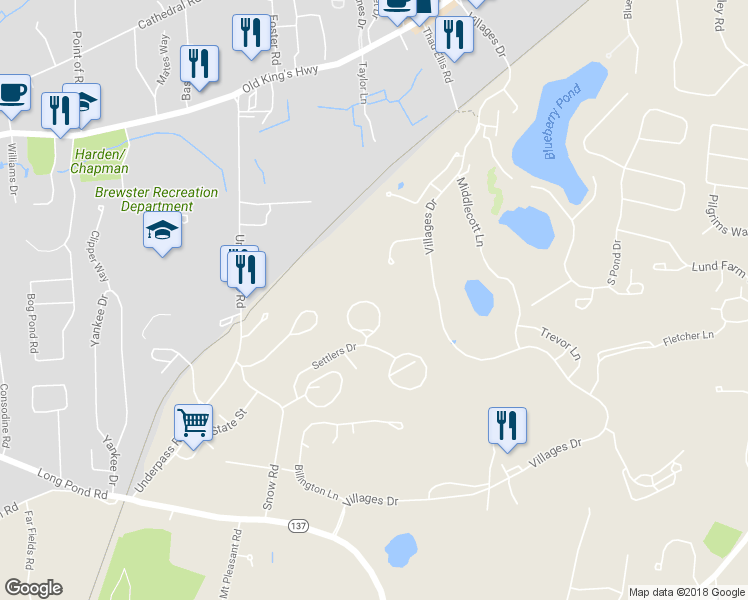 map of restaurants, bars, coffee shops, grocery stores, and more near 50 Court Way in Brewster