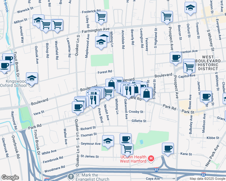 map of restaurants, bars, coffee shops, grocery stores, and more near 187 Whiting Lane in West Hartford