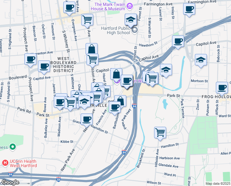 map of restaurants, bars, coffee shops, grocery stores, and more near 22 Orange Street in Hartford